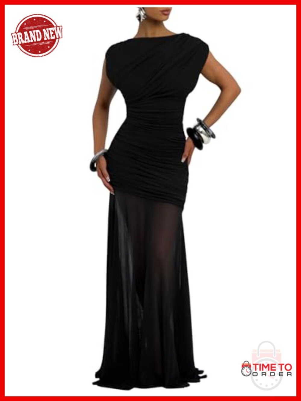 Sleeveless Ruched Bodycon Maxi Dress Mesh Hem Formal Party